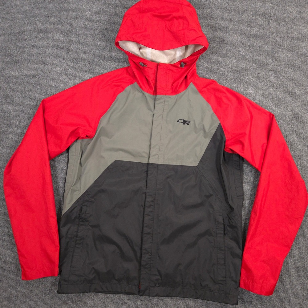 Outdoor Research Apollo Rain Jacket Mens L Red Colorblock Waterproof Packable